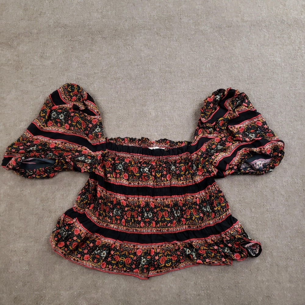 Ranna Gill Shirt Womens Small Black Floral Smocked Peplum Puff Sleeve Bohemian